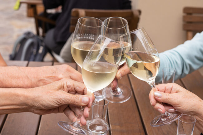 Anstossen mit jungem Weißwein auf einem Winzerhof in der Steiermark (c) Punkt und Komma